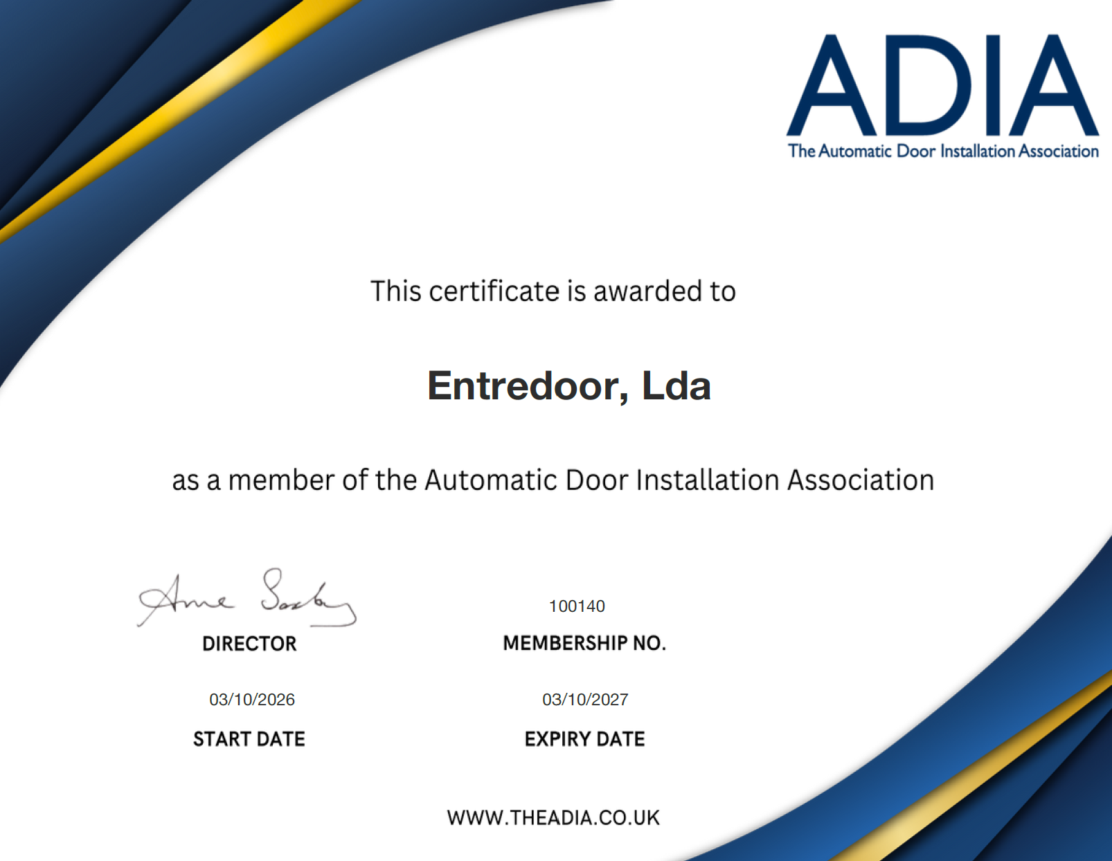 Certificado ADIA da Entredoor